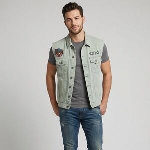 Ring of Fire Mens Denim Vest Sage Green Patches Biker‎ Americana XL Moto Punk